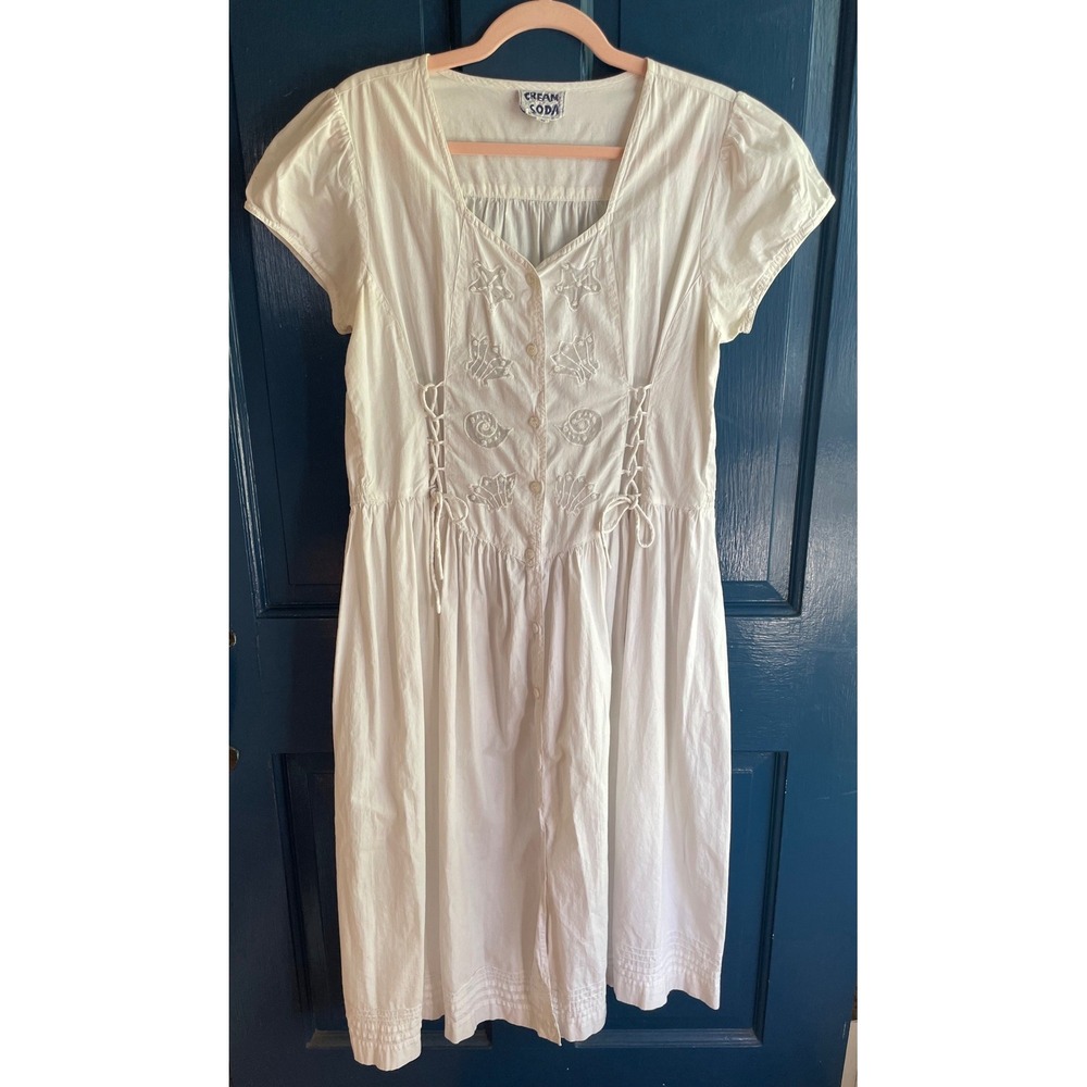 Vintage 90s Midi Dress Cream Soda White Cotton Embroidered Lace Up Large